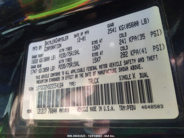 2002 DODGE DAKOTA SPORT VIN: 1B7GG32N92S554164