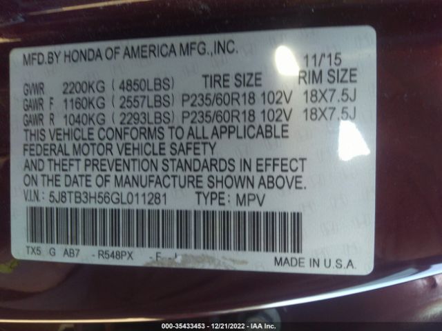 5J8TB3H56GL011281 Acura Rdx Tech Pkg/tech