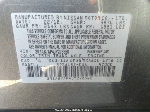 2018 NISSAN SENTRA S VIN: 3N1AB7AP4JY278560