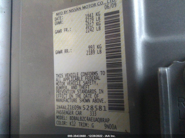 2009 NISSAN ALTIMA 2.5 SL VIN: 1N4AL21E09N528581