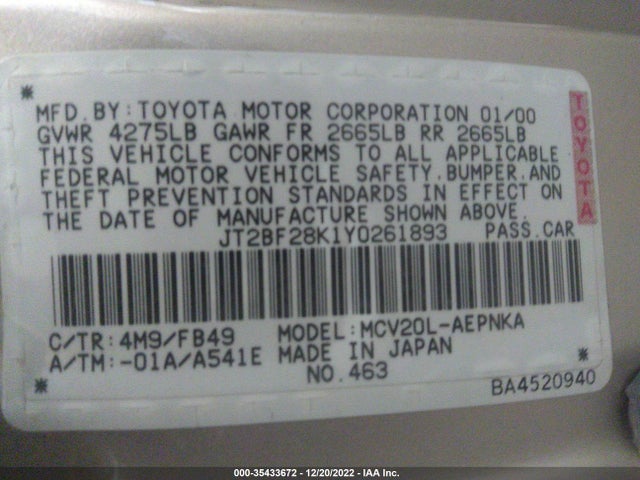 2000 TOYOTA CAMRY LE/XLE VIN: JT2BF28K1Y0261893