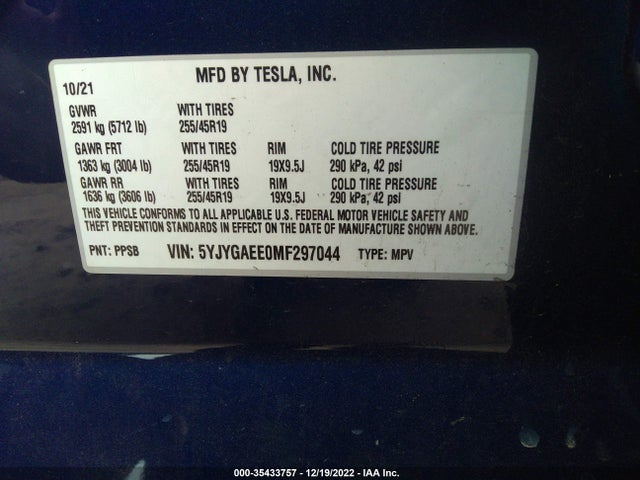 Tesla Model Y Long Range 2021 5YJYGAEE0MF297044 Image 9