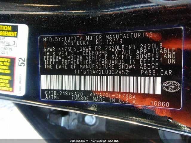 2020 TOYOTA CAMRY SE VIN: 4T1G11AK2LU332452