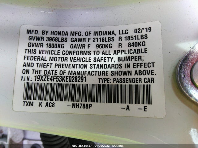 2019 HONDA INSIGHT EX VIN: 19XZE4F53KE028291