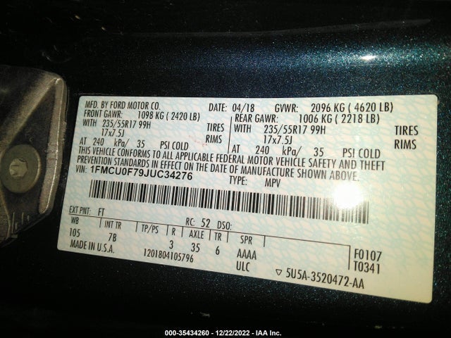 2018 FORD ESCAPE S VIN: 1FMCU0F79JUC34276