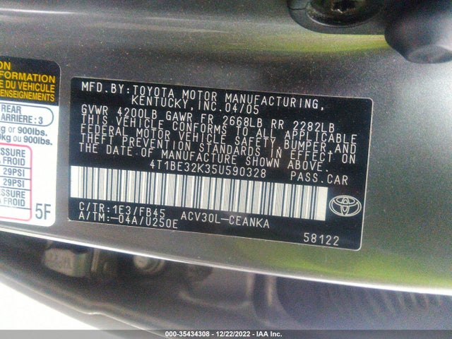 2005 TOYOTA CAMRY STD/LE/SE/XLE VIN: 4T1BE32K35U590328