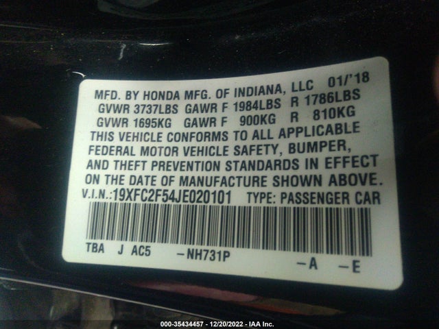 2018 HONDA CIVIC SEDAN LX VIN: 19XFC2F54JE020101