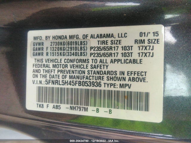 2015 Honda Odyssey, VIN: 5FNRL5H45FB053936