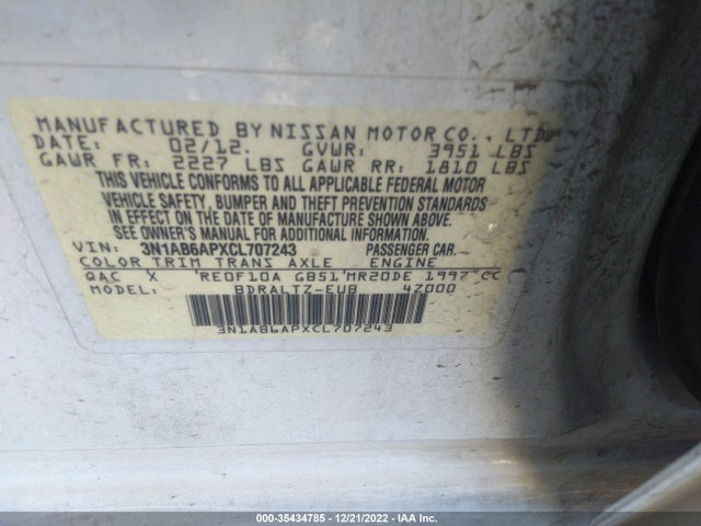 2012 NISSAN SENTRA 2.0 S VIN: 3N1AB6APXCL707243