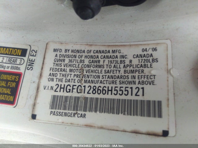 2006 HONDA CIVIC CPE EX VIN: 2HGFG12866H555121