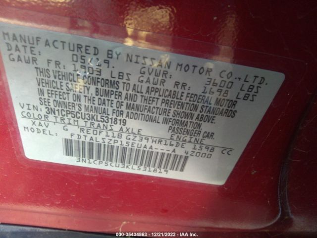 3N1CP5CU3KL531819 Nissan KICKS SV