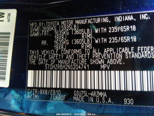 2022 Toyota Highlander, VIN: 5TDHZRBH2NS204741