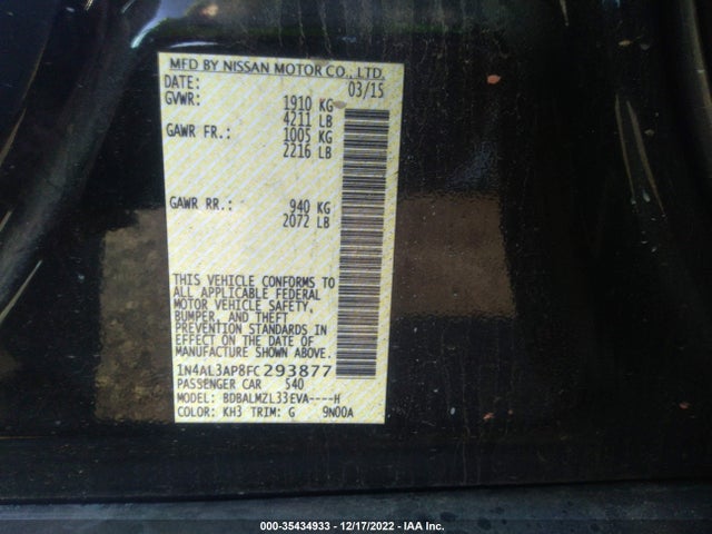 2015 NISSAN ALTIMA 2.5 SV VIN: 1N4AL3AP8FC293877