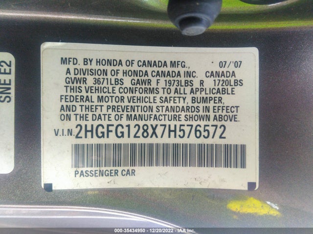 2007 HONDA CIVIC CPE EX VIN: 2HGFG128X7H576572