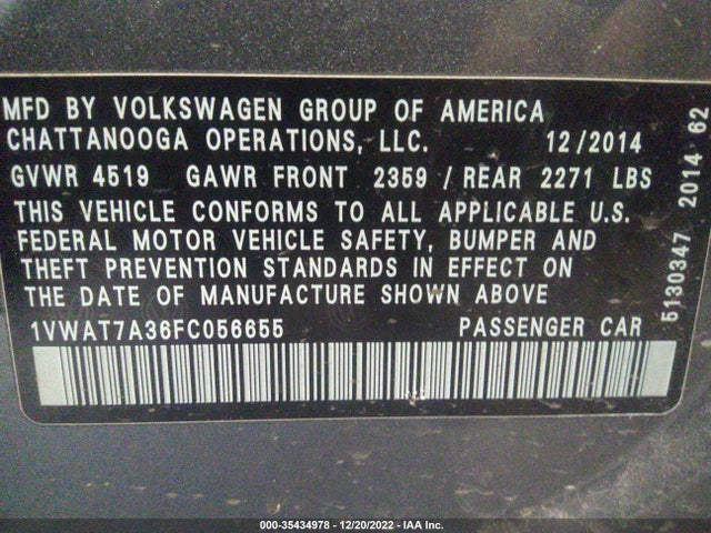 1VWAT7A36FC056655 Volkswagen Passat 1.8t Wolfsburg Ed