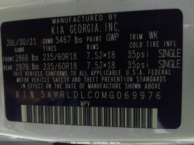2021 KIA SORENTO S VIN: 5XYRLDLC0MG069976