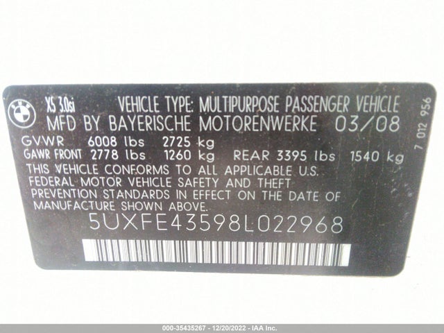 2008 BMW X5 3.0SI VIN: 5UXFE43598L022968