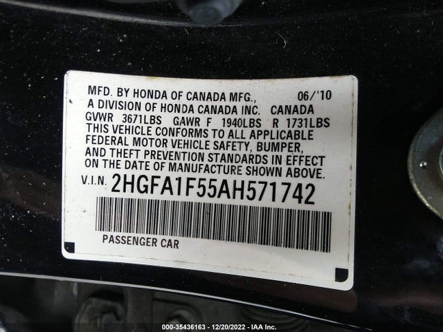 2010 HONDA CIVIC SDN LX VIN: 2HGFA1F55AH571742