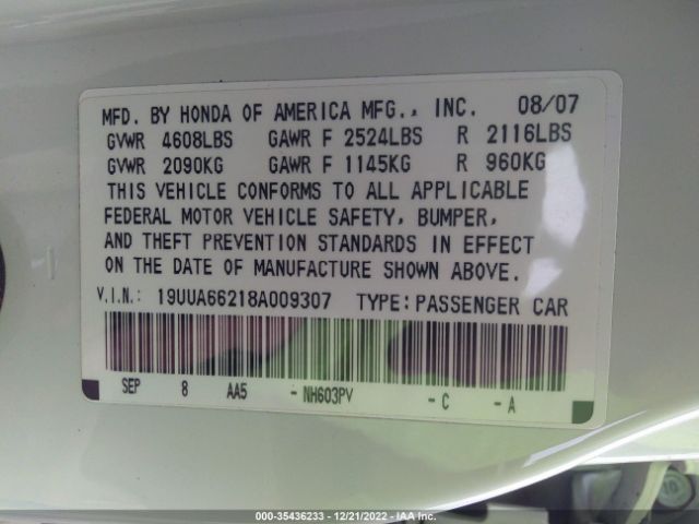 2008 ACURA TL VIN: 19UUA66218A009307