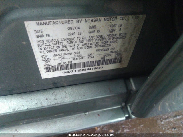 2005 NISSAN ALTIMA 2.5 VIN: 1N4AL11D25N416683