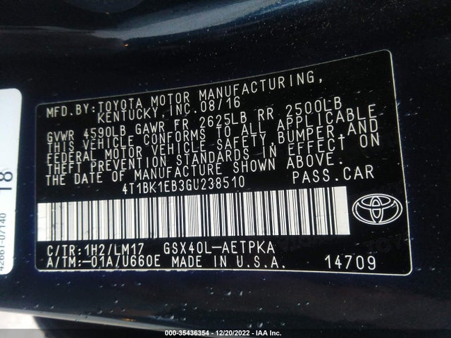2016 Toyota Avalon, VIN: 4T1BK1EB3GU238510