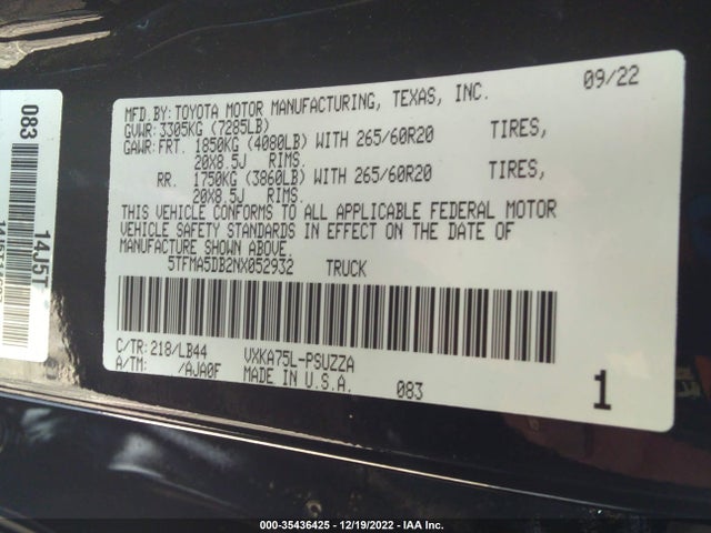 2022 Toyota Tundra, VIN: 5TFMA5DB2NX052932