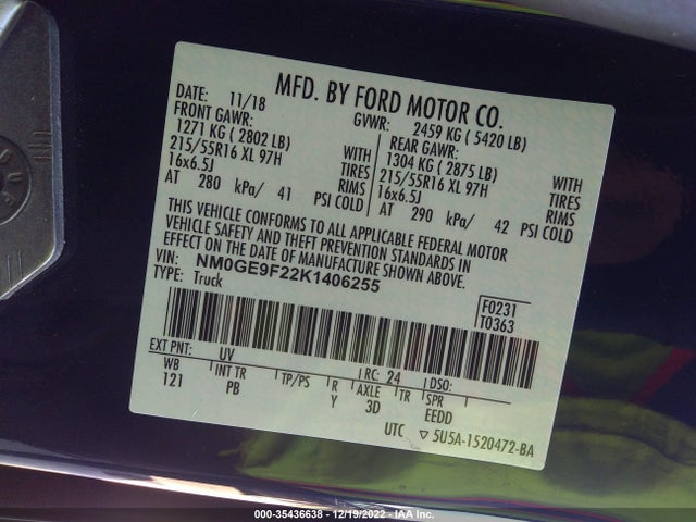 2019 Ford Transit Connect, VIN: NM0GE9F22K1406255