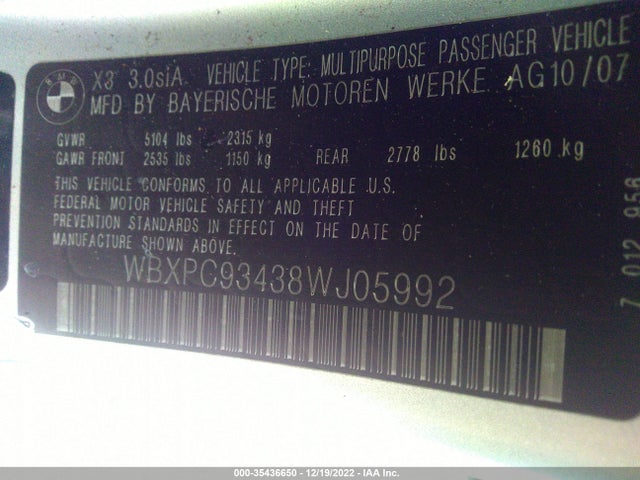 BMW X3 3.0SI 2008 WBXPC93438WJ05992 Image 10