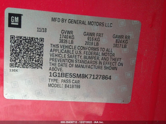 2019 Chevrolet Cruze, VIN: 1G1BE5SM8K7127864