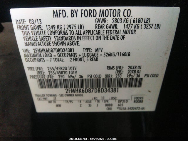 2013 FORD FLEX LIMITED VIN: 2FMHK6D87DBD34381