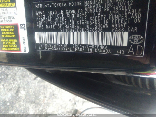 2013 TOYOTA COROLLA L/LE/S VIN: 2T1BU4EE8DC970506