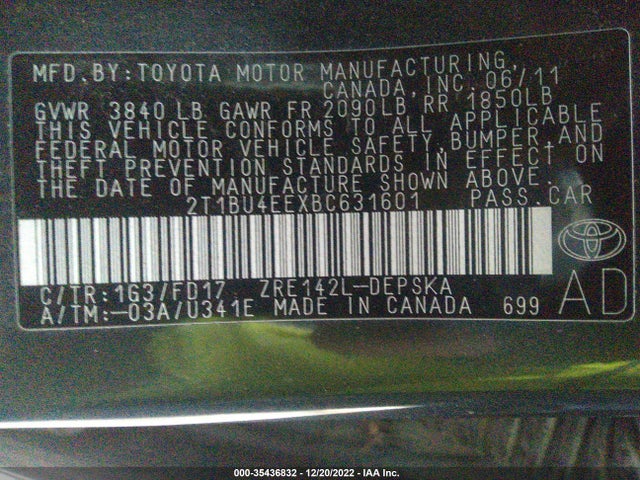 2011 TOYOTA COROLLA L/LE/S VIN: 2T1BU4EEXBC631601
