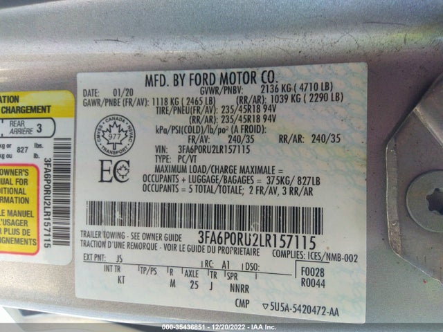 2020 Ford Fusion, VIN: 3FA6P0RU2LR157115