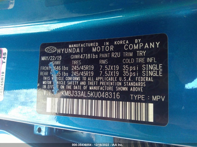 2019 HYUNDAI TUCSON SPORT VIN: KM8J33AL5KU048316