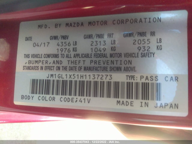 2017 MAZDA MAZDA6 GRAND TOURING VIN: JM1GL1X51H1137273