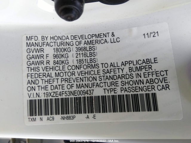 2022 Honda Insight, VIN: 19XZE4F53NE009437