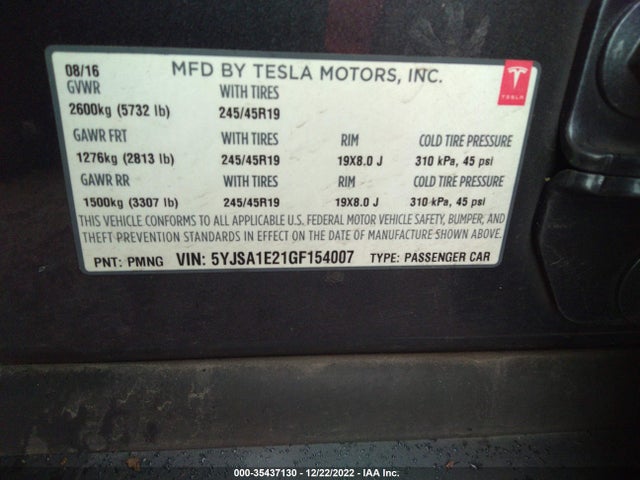 Tesla MODEL S 2016 5YJSA1E21GF154007 Image 10