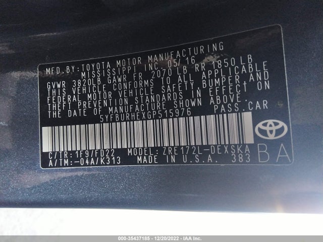 2016 TOYOTA COROLLA L/LE/S/S PLUS/LE PLUS VIN: 5YFBURHEXGP515976