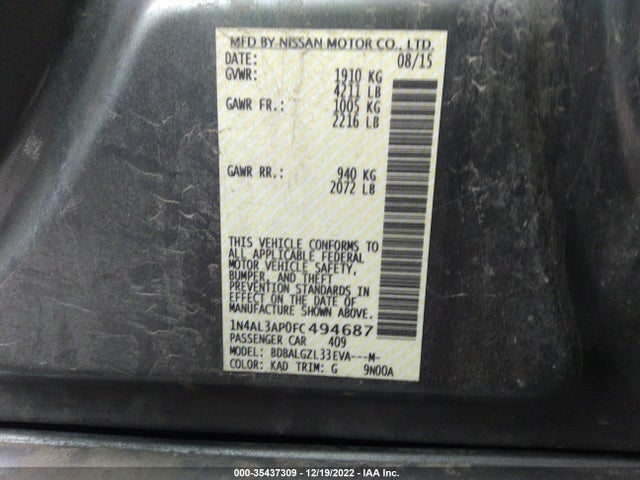 2015 NISSAN ALTIMA 2.5 S VIN: 1N4AL3AP0FC494687