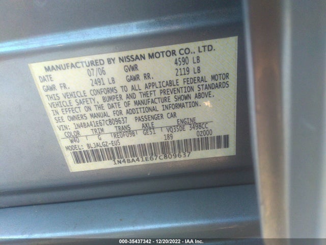 2007 NISSAN MAXIMA 3.5 SL VIN: 1N4BA41E67C809637