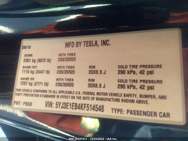 Tesla Model 3 Long Range/performance 2019 5YJ3E1EB4KF514548 Image 9