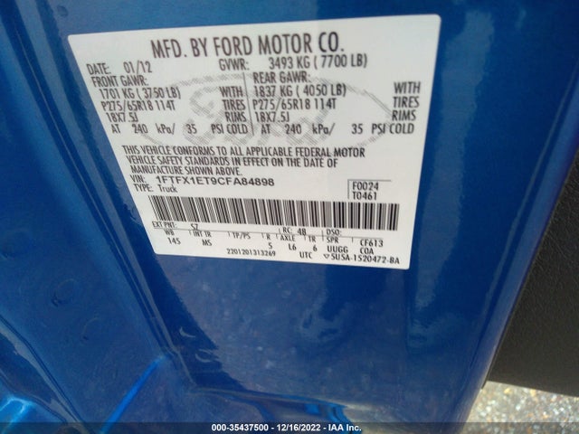 2012 FORD F-150 XL/XLT/FX4/LARIAT VIN: 1FTFX1ET9CFA84898