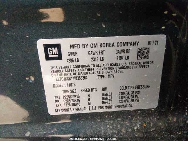 2021 Chevrolet Trax, VIN: KL7CJKSB1MB358364