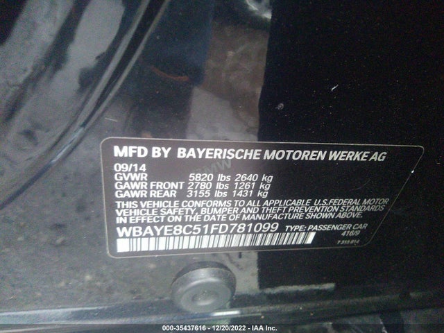 2015 BMW 7 SERIES 750LI/ALPINA B7 VIN: WBAYE8C51FD781099