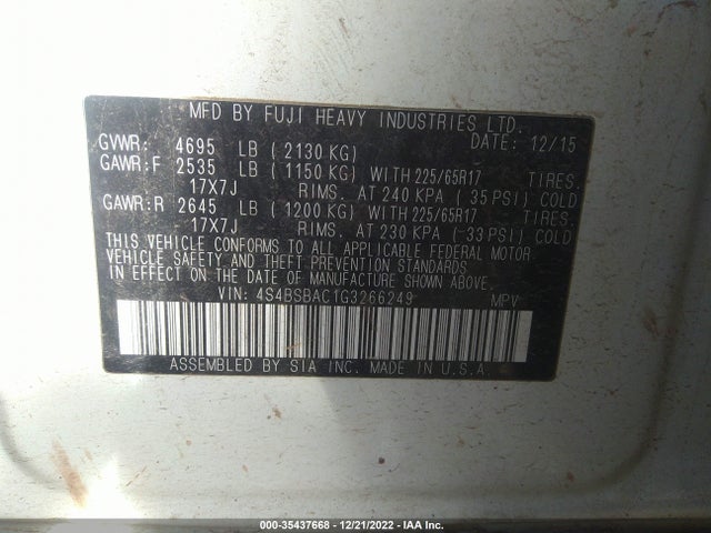 2016 SUBARU OUTBACK 2.5I VIN: 4S4BSBAC1G3266249