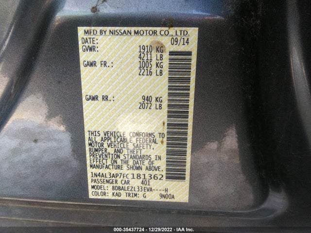 2015 NISSAN ALTIMA 2.5 S VIN: 1N4AL3AP7FC181362