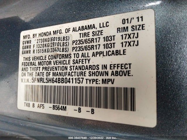2011 HONDA ODYSSEY EX-L VIN: 5FNRL5H64BB041157