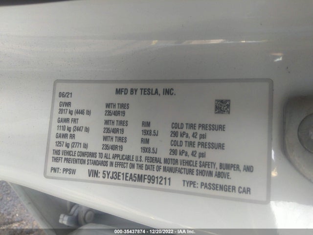 Tesla Model 3 Standard Range Plus 2021 5YJ3E1EA5MF991211 Image 10