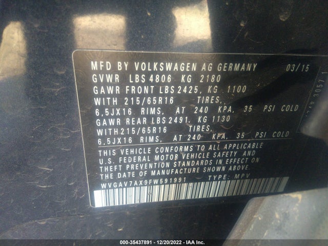 2015 VOLKSWAGEN TIGUAN S VIN: WVGAV7AX9FW591991