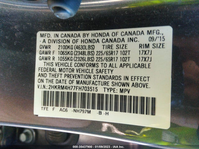 2015 HONDA CR-V EX-L VIN: 2HKRM4H77FH703515